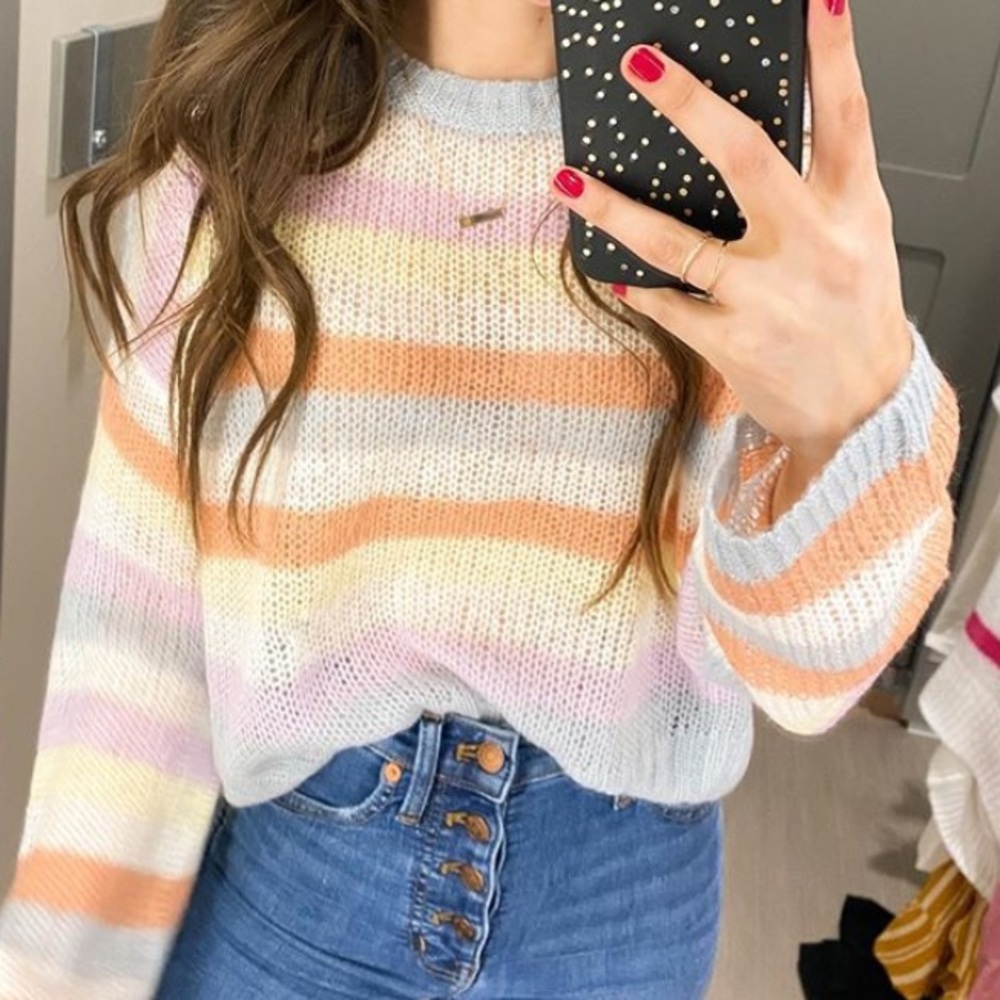 Women's Striped Cropped Crewneck Pullover Sweater - Picture 2 of 6